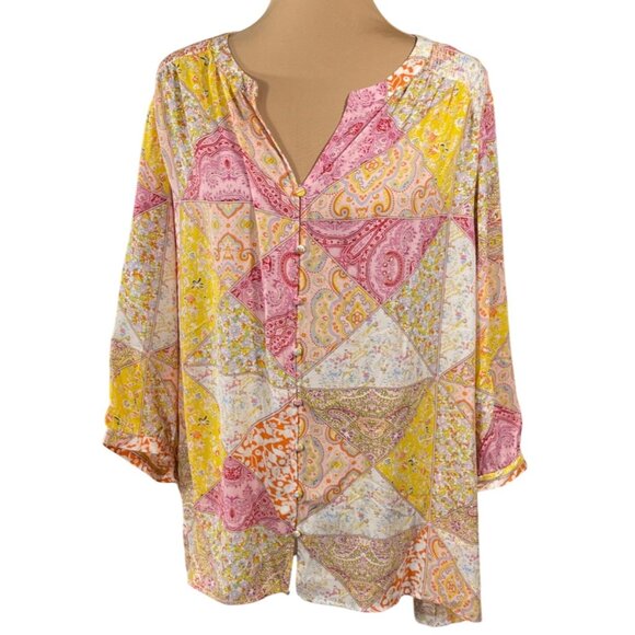 New Rose & Olive Size 1X Tunic Blouse Top Pink Yellow Patchwork V-Neck - Picture 1 of 9